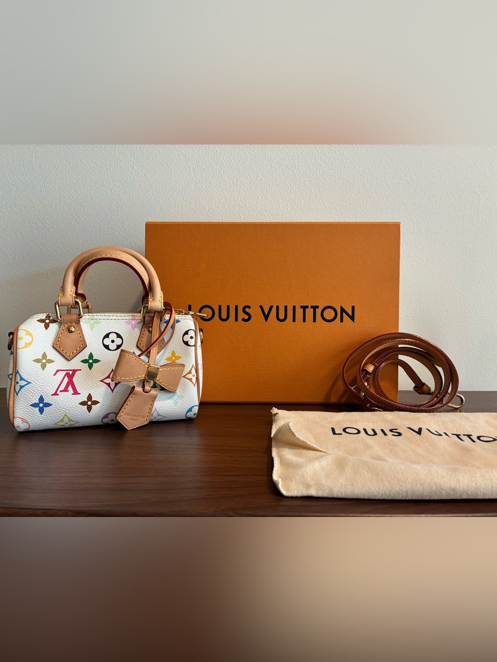 Louis Vuitton Multicolor Monogram Mini Bag in White with Tan Trim